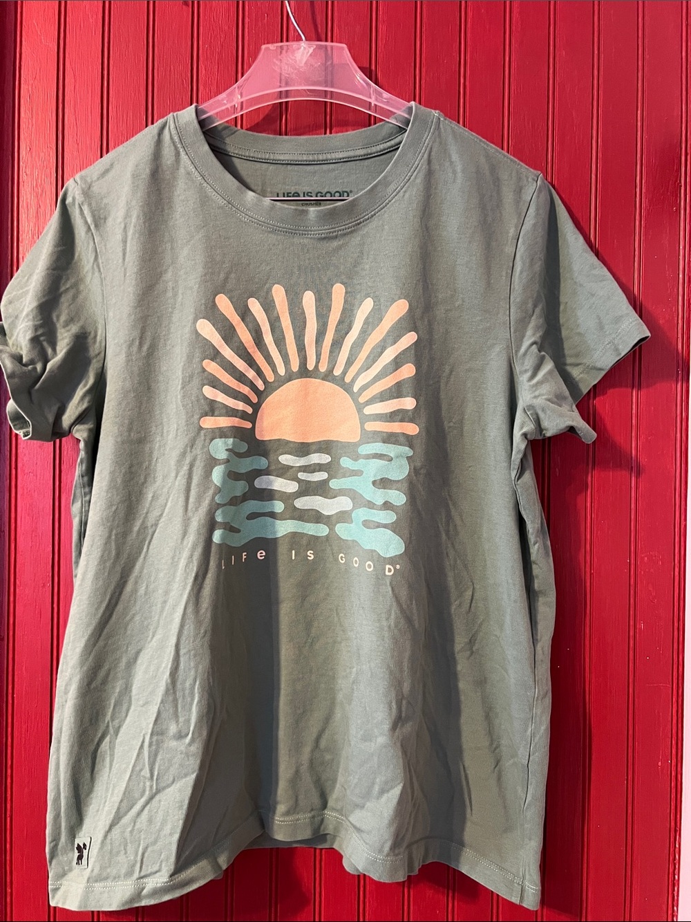 Life Is Good Olive Green Tee with Peach Sun & Aqua Waves